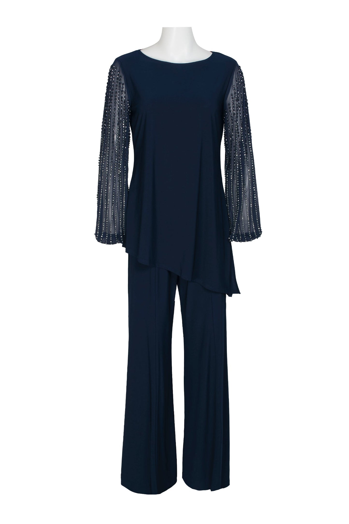 Marina Boat Neck Embellished Chiffon Long Sleeve Asymmetrical Hem and Elastic Mid Waist Wide Leg Two Piece Set Pant-5