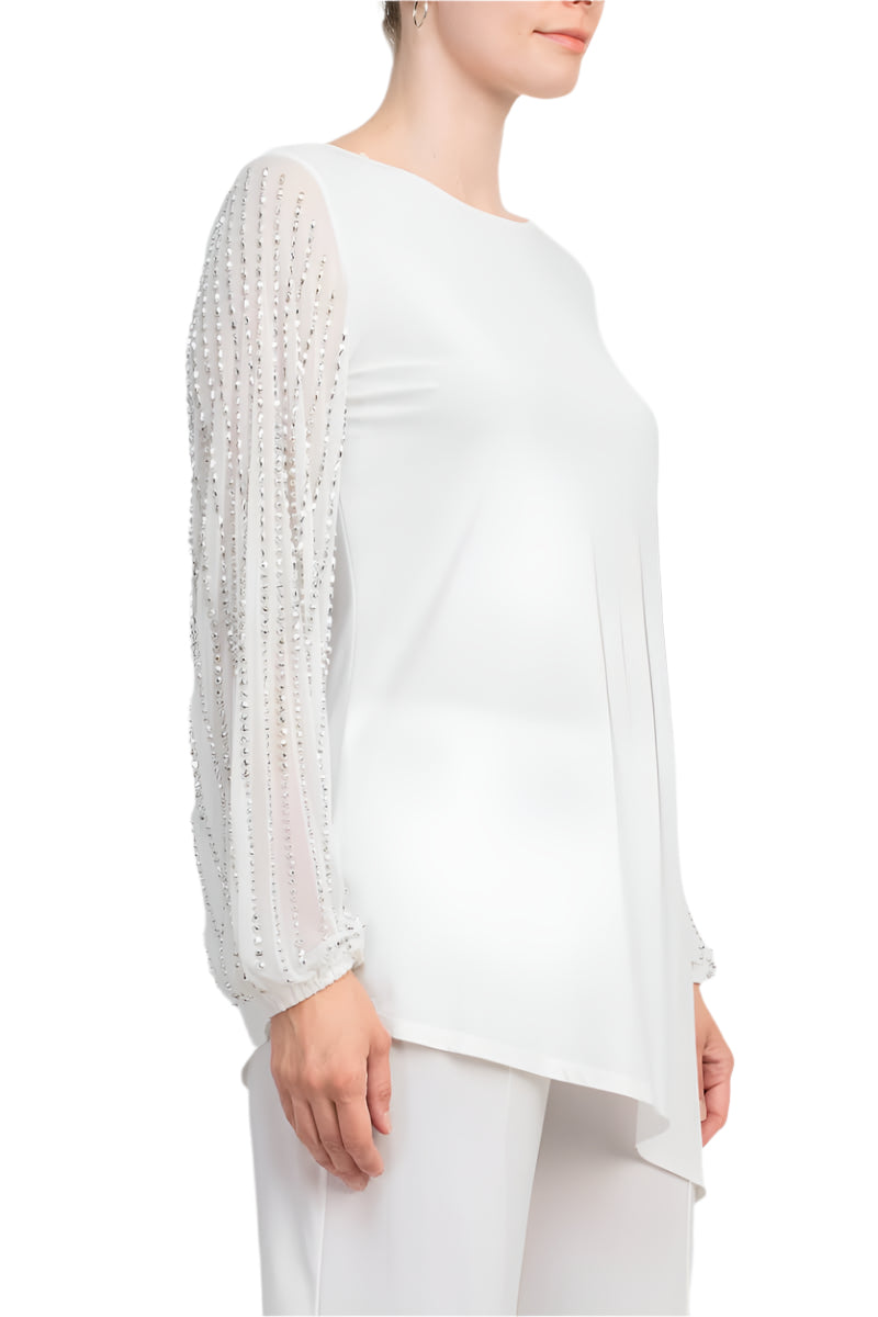Marina Boat Neck Embellished Chiffon Long Sleeve Asymmetrical Hem and Elastic Mid Waist Wide Leg Two Piece Set Pant-2