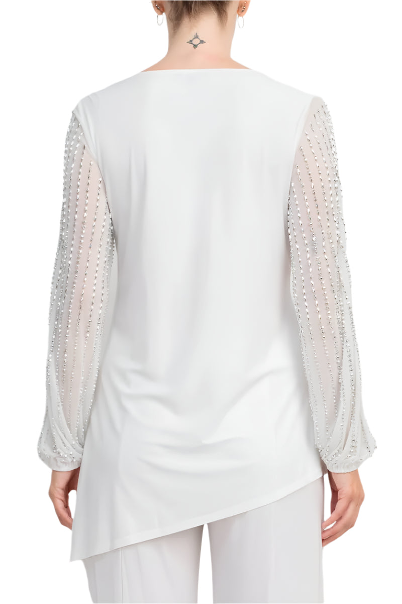 Marina Boat Neck Embellished Chiffon Long Sleeve Asymmetrical Hem and Elastic Mid Waist Wide Leg Two Piece Set Pant-3