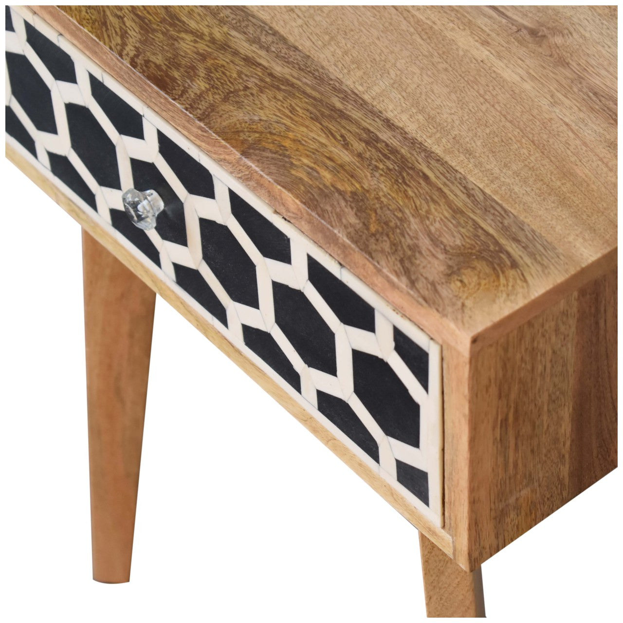 22" Black White And Brown Solid Wood Geometric Bone Inlay One Drawer Nightstand-6