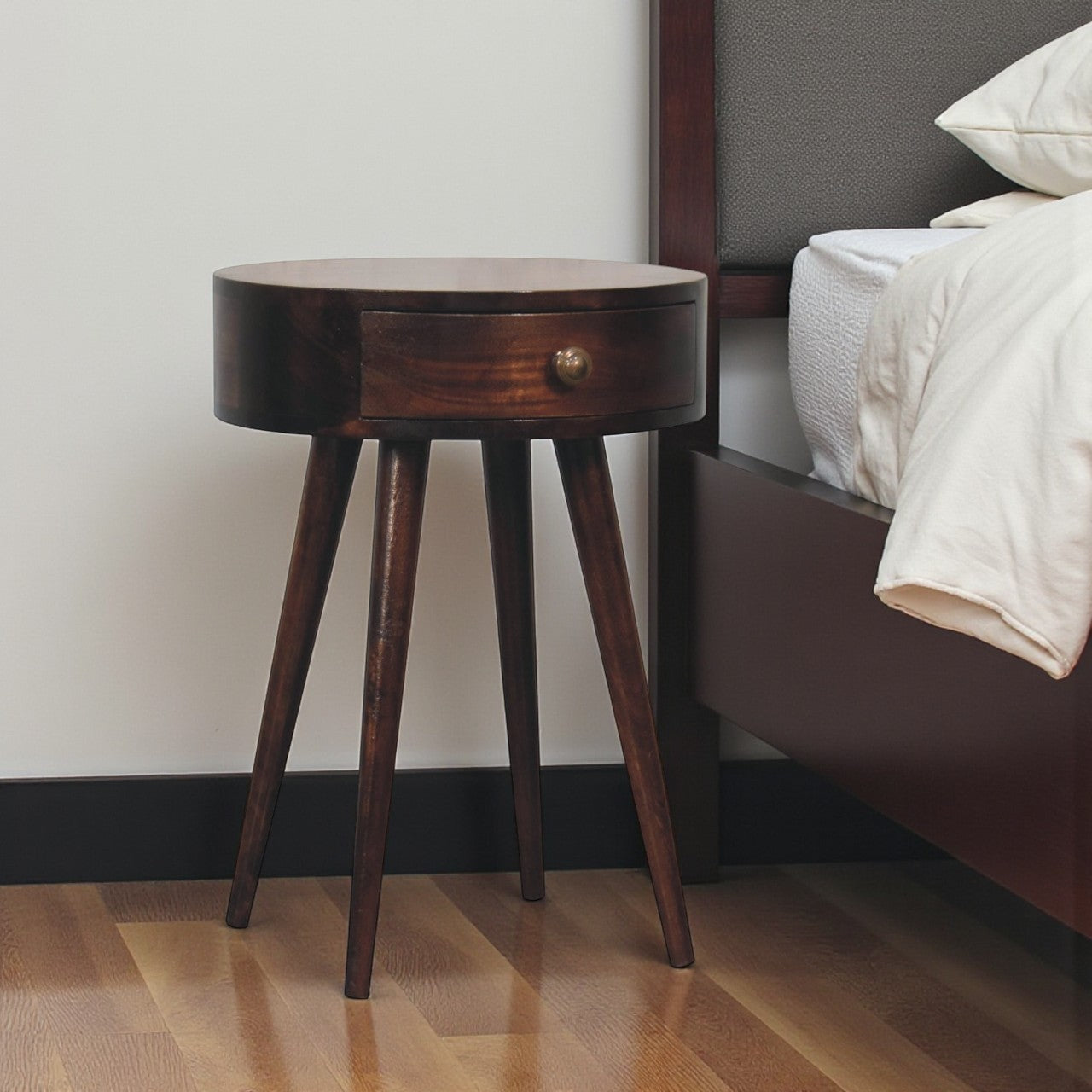 22" Walnut Solid Wood Round One Drawer Nightstand-0