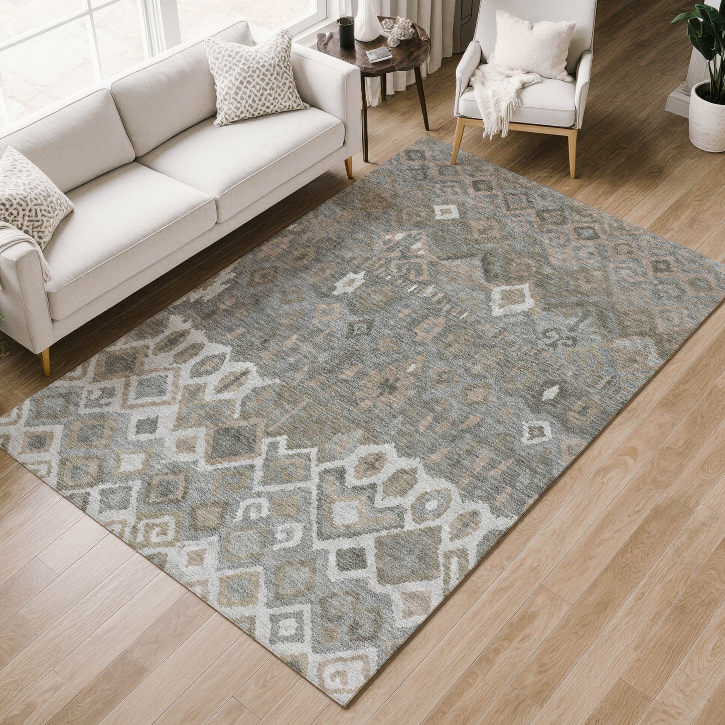 8' X 10' Pewter Ivory And Tan Geometric Washable Indoor Outdoor Area Rug-8