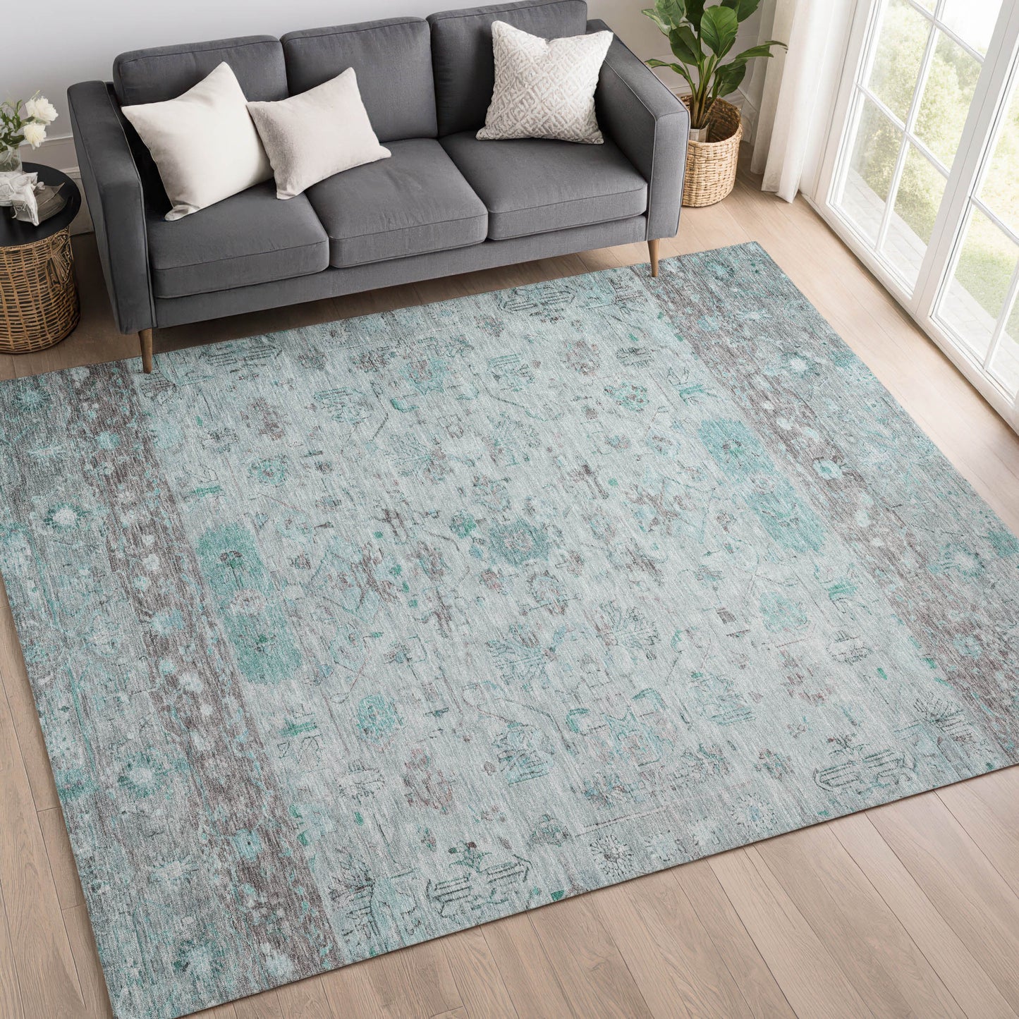 5' X 8' Teal Blue Gray And Silver Tribal Washable Indoor Outdoor Area Rug-8