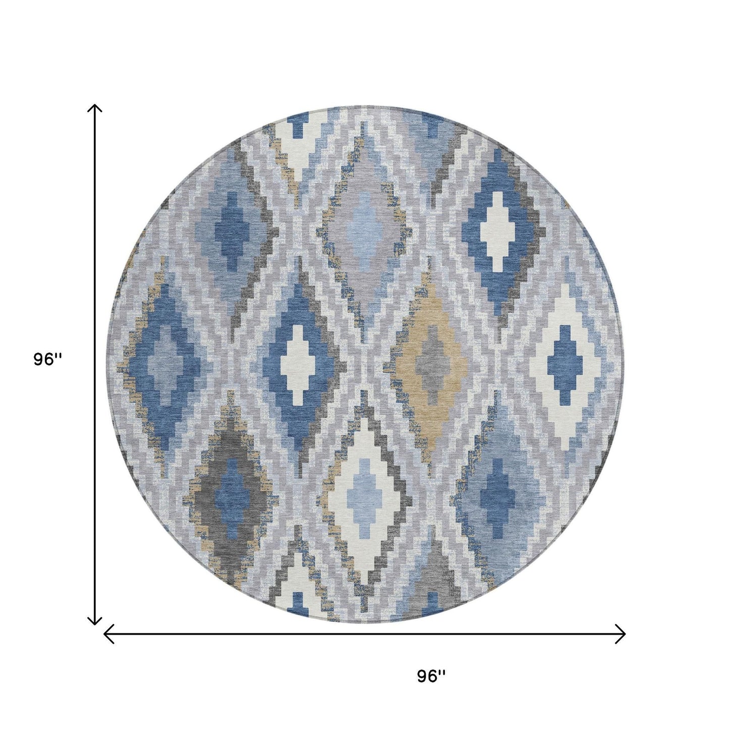 8' Denim Blue Gray And Ivory Round Geometric Washable Indoor Outdoor Area Rug-8