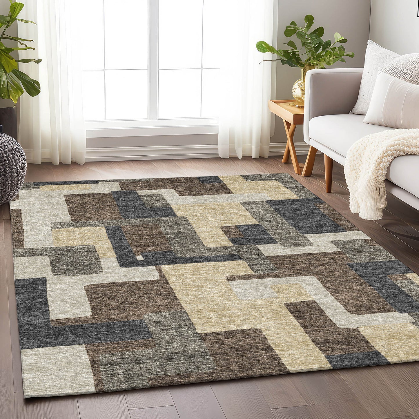 5' X 8' Chocolate Beige And Black Abstract Geometric Washable Area Rug With UV Protection-3