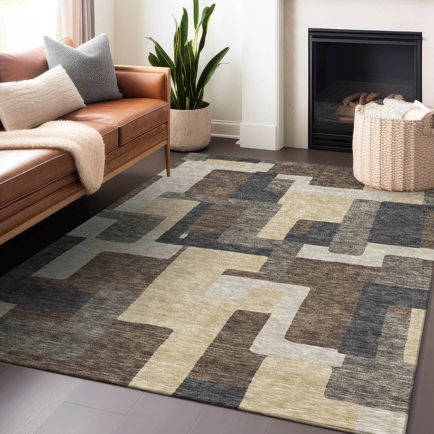 5' X 8' Chocolate Beige And Black Abstract Geometric Washable Area Rug With UV Protection-4