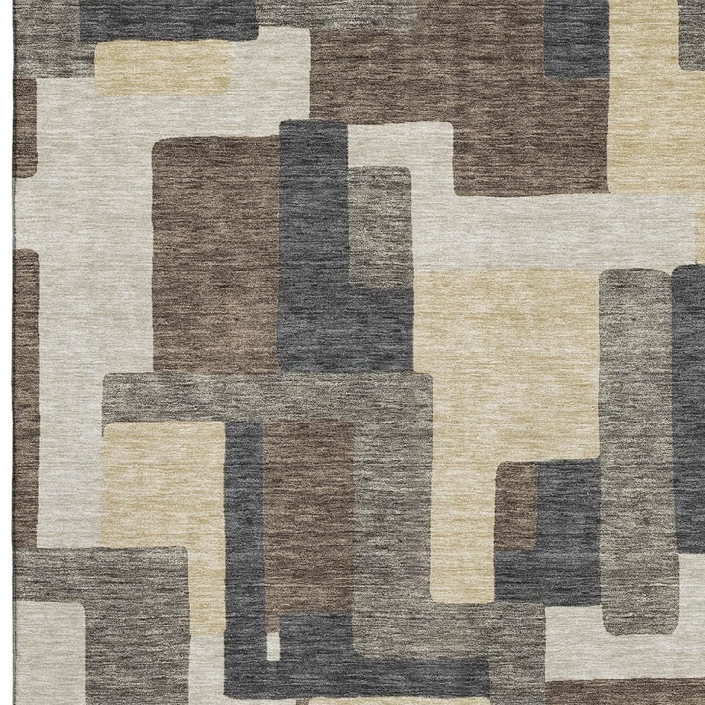 5' X 8' Chocolate Beige And Black Abstract Geometric Washable Area Rug With UV Protection-1