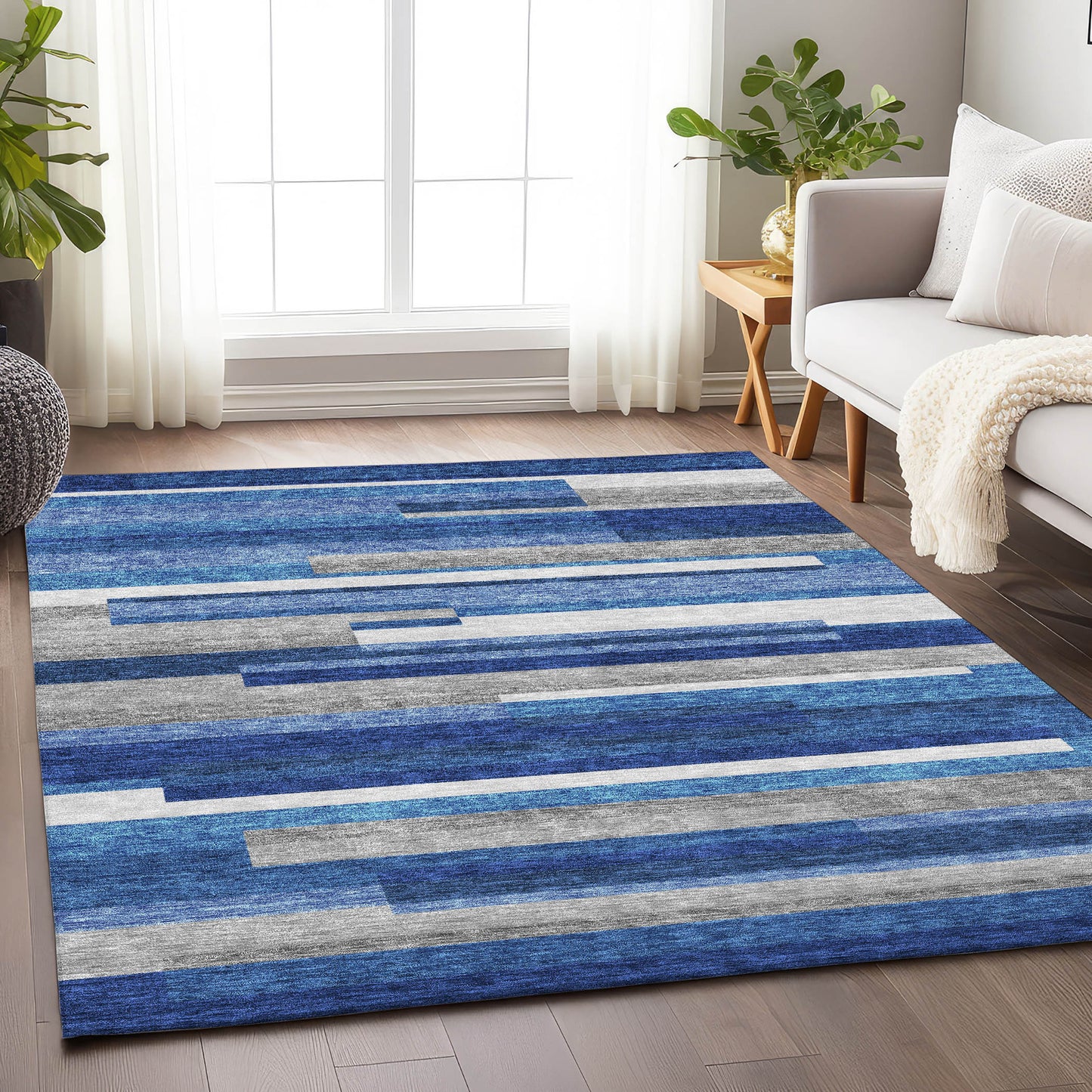 5' X 8' Blue Gray And Ivory Striped Washable Area Rug With UV Protection-3