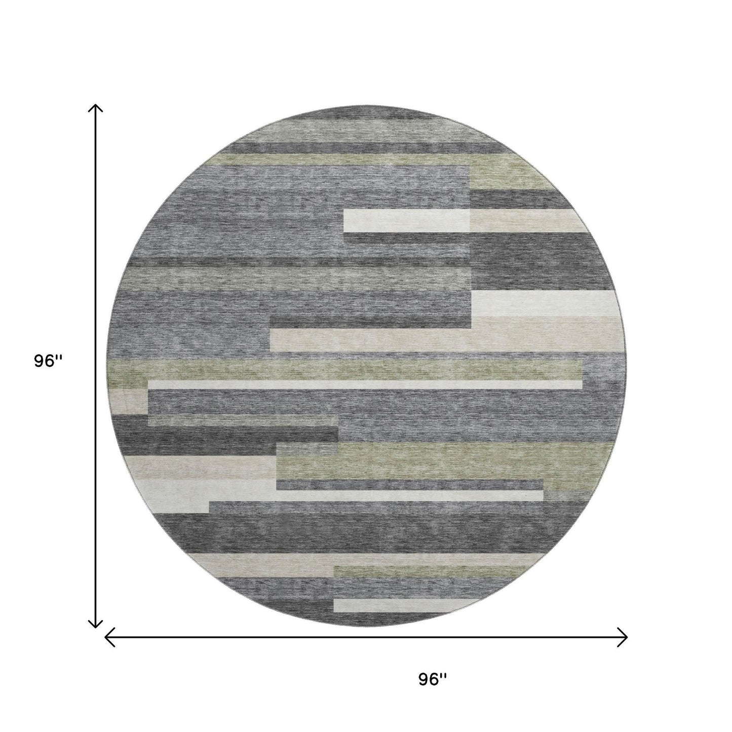 8' Charcoal Gray And Silver Striped Washable Round Rug With UV Protection-8