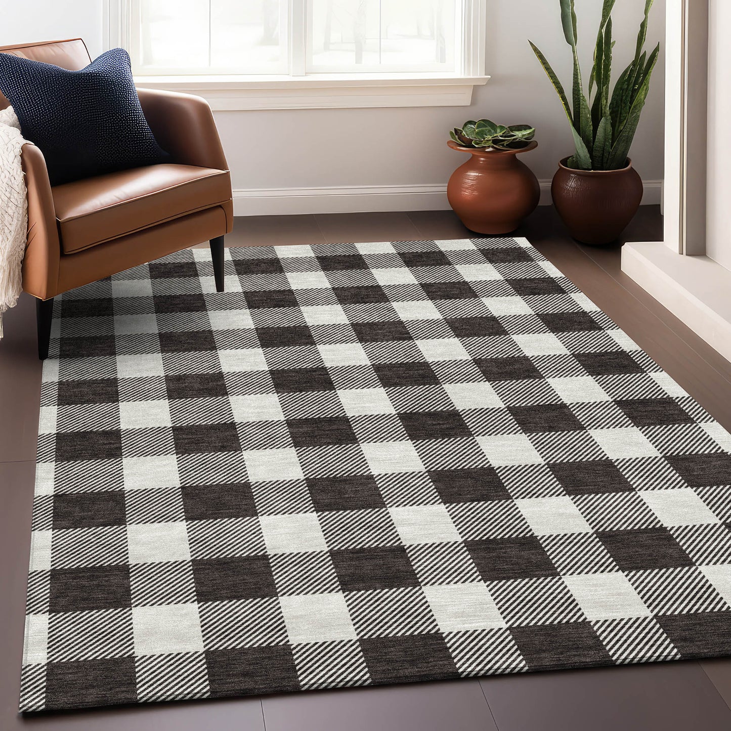3' X 5' Black And Ivory Plaid Washable Area Rug With UV Protection-3