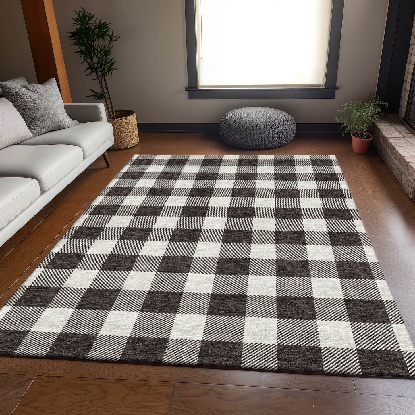3' X 5' Black And Ivory Plaid Washable Area Rug With UV Protection-4