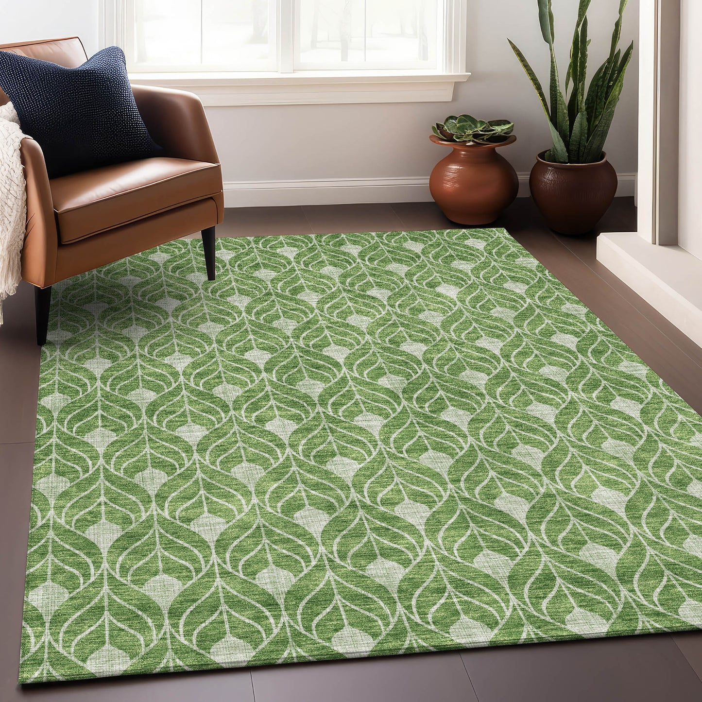 3' X 5' Green And Ivory Geometric Washable Area Rug With UV Protection-3