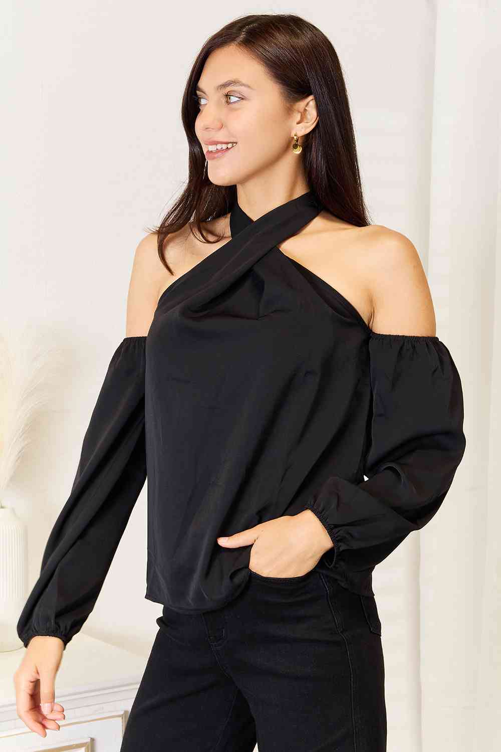 Double Take Grecian Cold Shoulder Long Sleeve Blouse-2