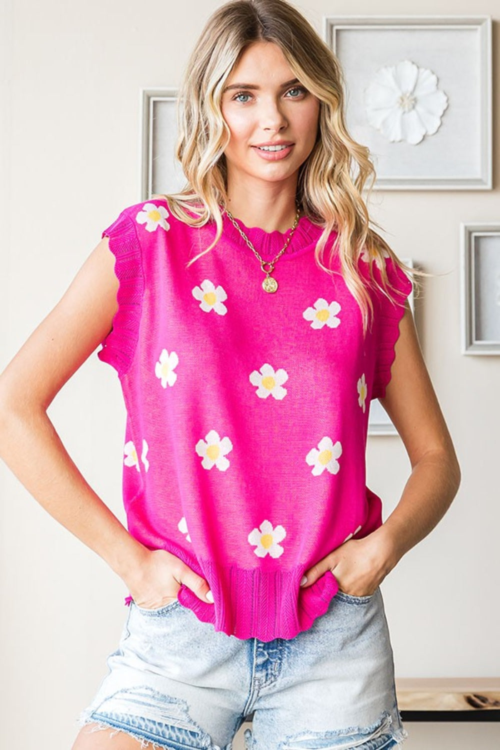 First Love Full Size Flower Pattern Round Neck Sweater Vest-3