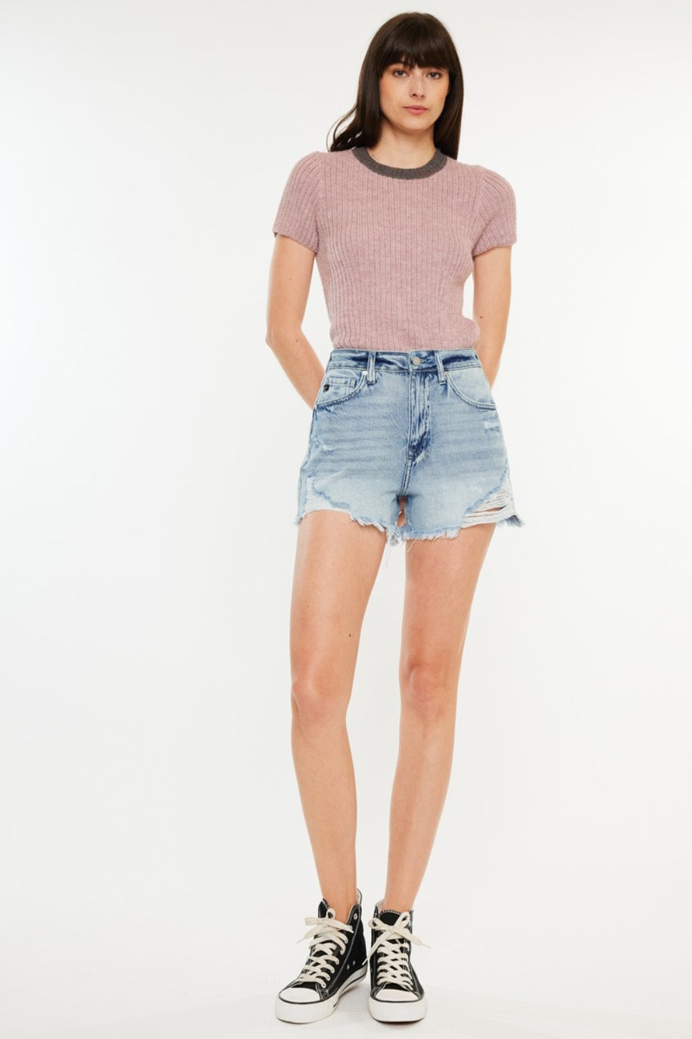 Kancan Distressed High Waist Denim Shorts with Pockets-4
