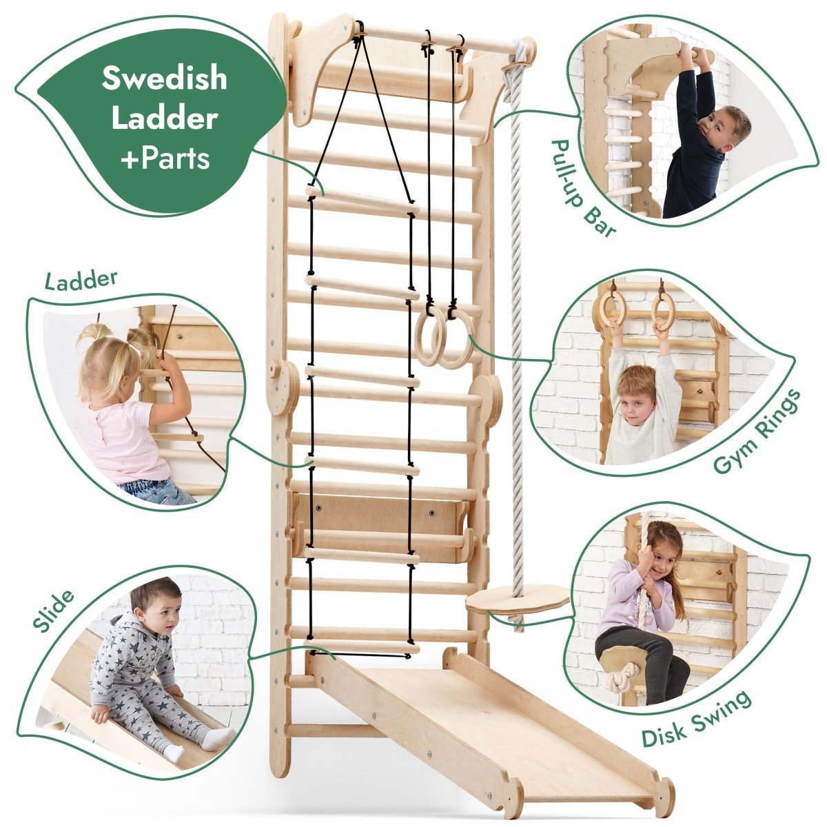 6in1 Wooden Swedish Wall / Climbing ladder for Children + Swing Set + Slide Board-1