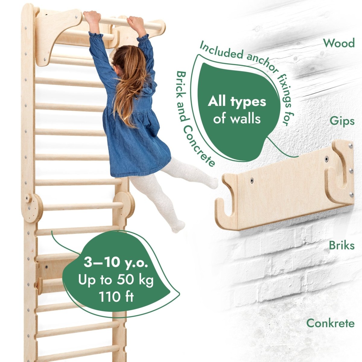 6in1 Wooden Swedish Wall / Climbing ladder for Children + Swing Set + Slide Board-2