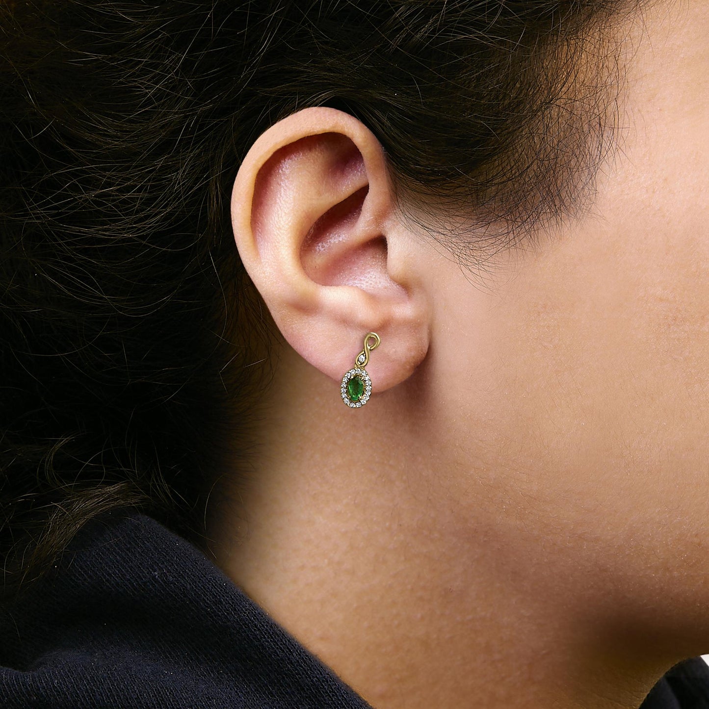10K Yellow Gold Oval Cut Green Emerald 5x3 mm and 1/7 Cttw Round Diamond Dangle Earrings-3