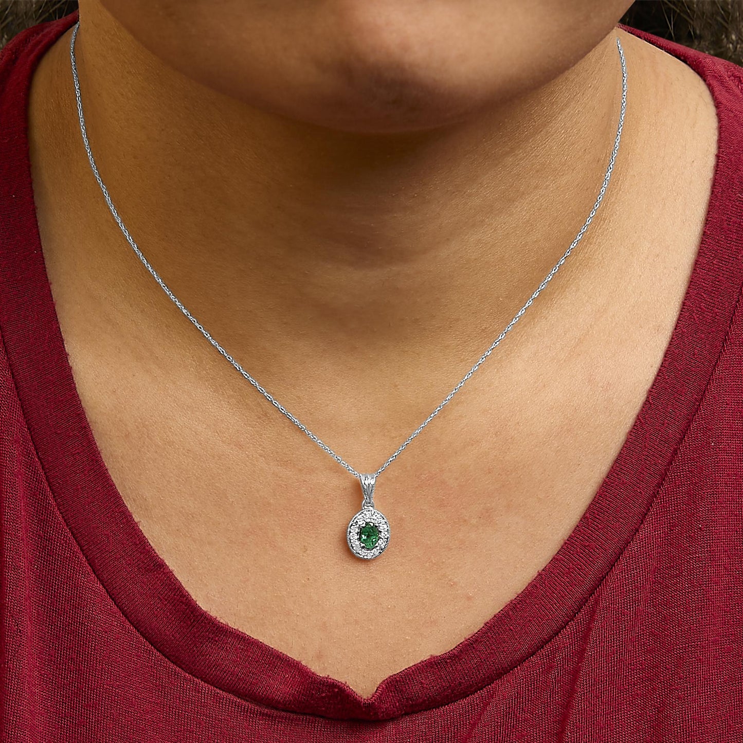 14K White Gold Oval 6x4 MM Green Emerald and Diamond Halo Pendant Necklace - 18 inch-3