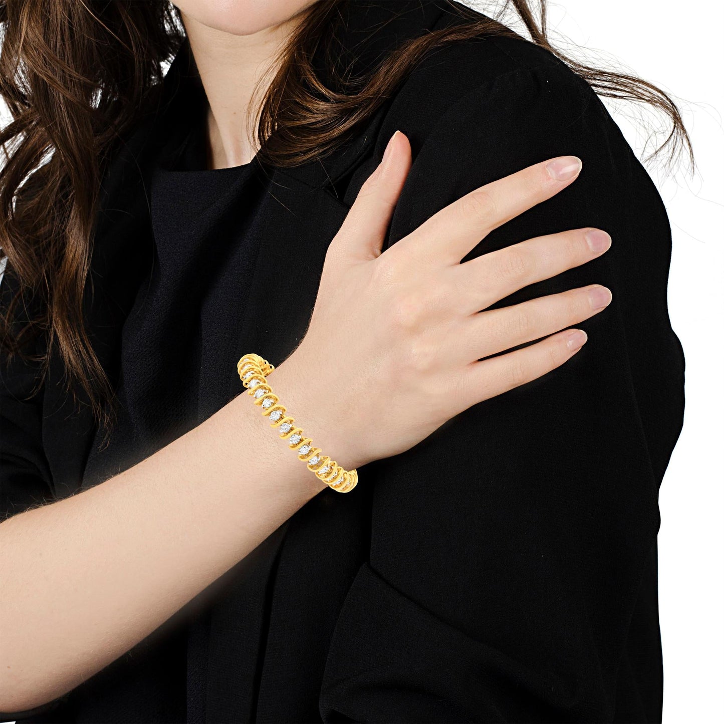 AGS Certified 18K Yellow Gold 5.00 Cttw "S" Link Wrapped 2-Prong Set Round Brilliant Diamond Tennis Bracelet (G-H Color, I1-I2 Clarity) - Size 7-4