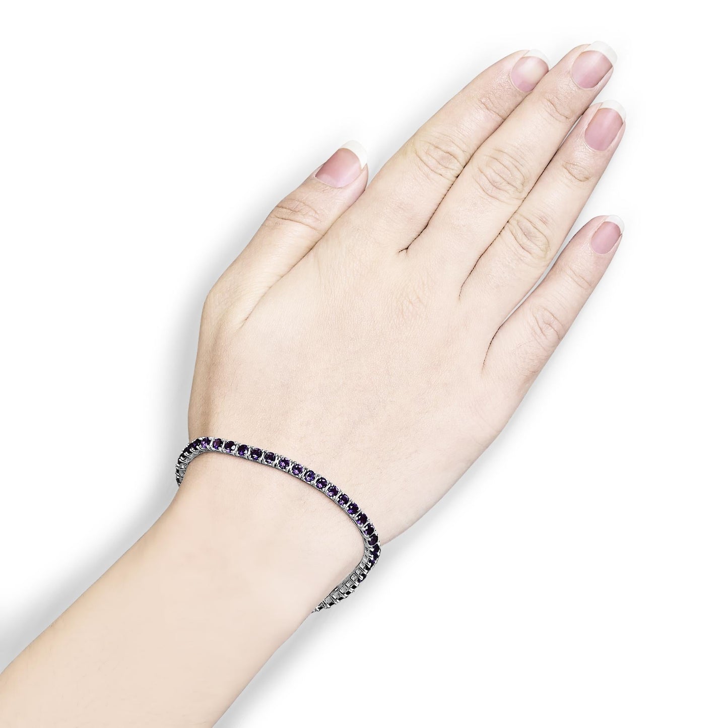 .925 Sterling Silver 7 3/8 Ctw Created Purple Amethyst Tennis Bracelet -7.25" Inches-3