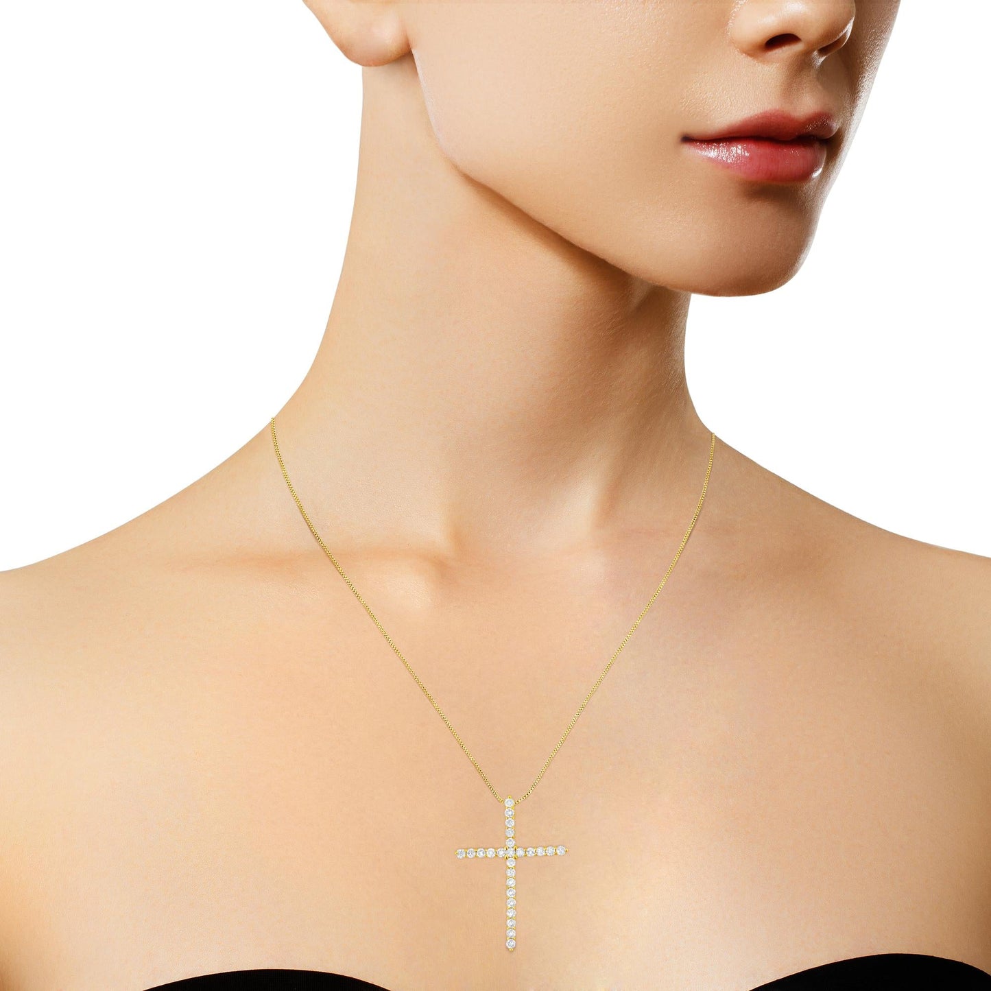 10K Yellow Gold Plated .925 Sterling Silver 2.0 Cttw Round Cut Diamond Cross Pendant Necklace (J-K Color, I1-I2 Clarity) 18"-4
