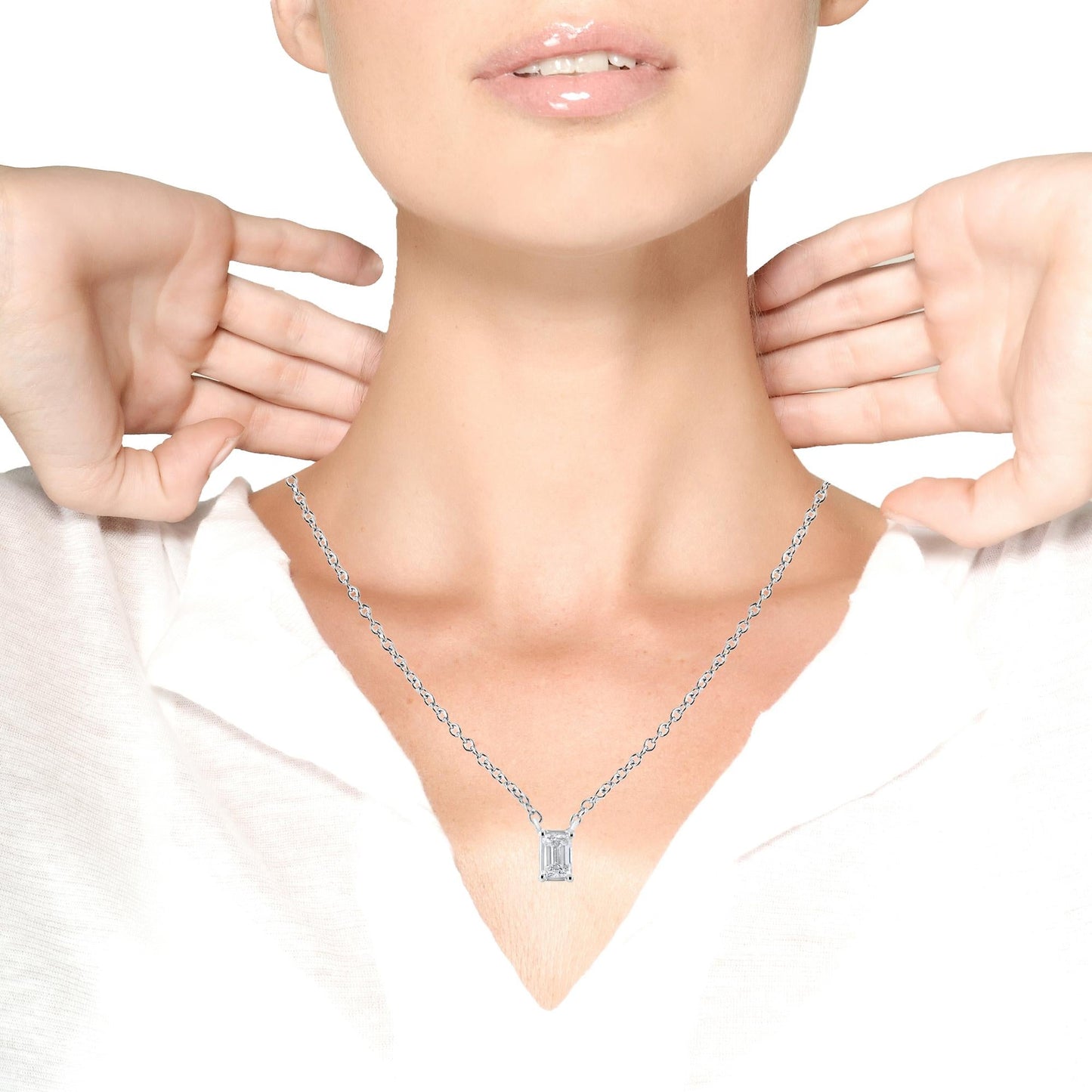 14K White Gold 1/3 Cttw Emerald Shape Solitaire Diamond 18" Pendant Necklace (G-H Color, VS2-SI1 Clarity)-3
