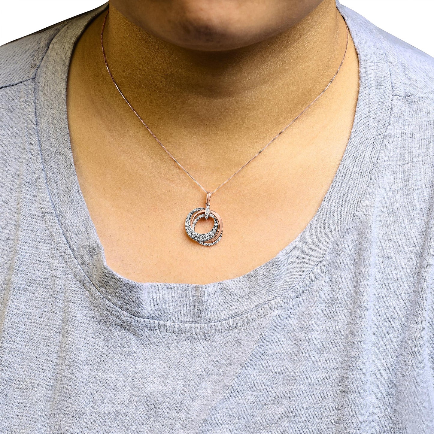 14K Rose Gold 3/4 Cttw Brown and White Diamond Interlocking Circle Hoop 18" Inch Pendant Necklace (G-H Color, SI2-I1 Clarity)-3