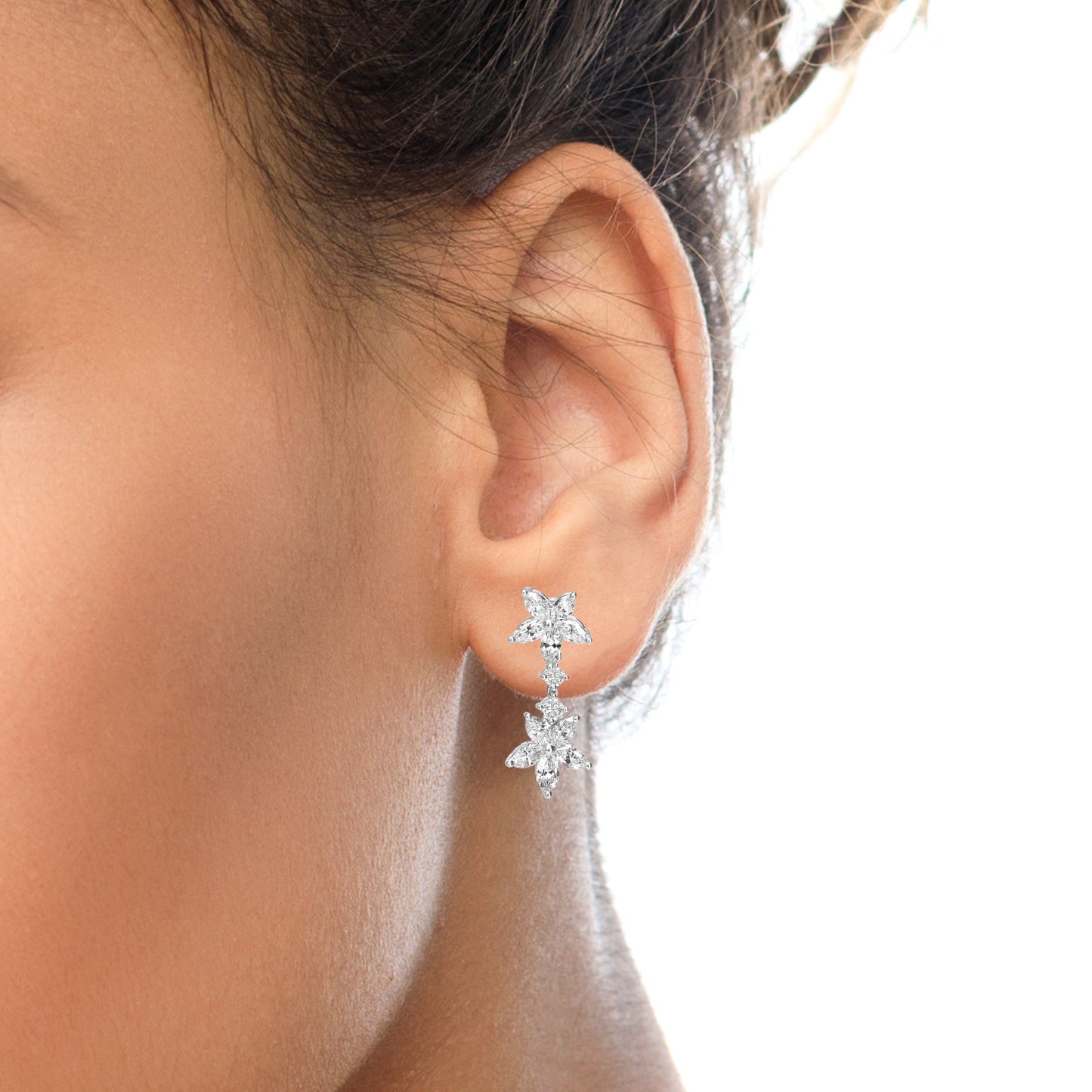 18k White Gold 6.0 Cttw Marquise Diamond Floral Dangle Drop Earrings (E-F Color, VS1-VS2 Clarity)-3
