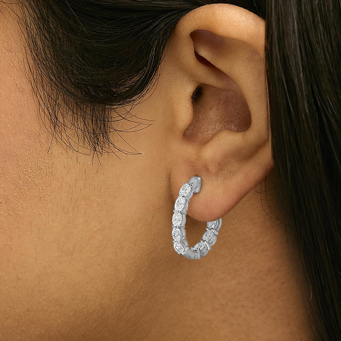 14K White Gold 2 3/4 Cttw Oval Cut Lab Grown Diamond Inside Out Hoop Earrings-3