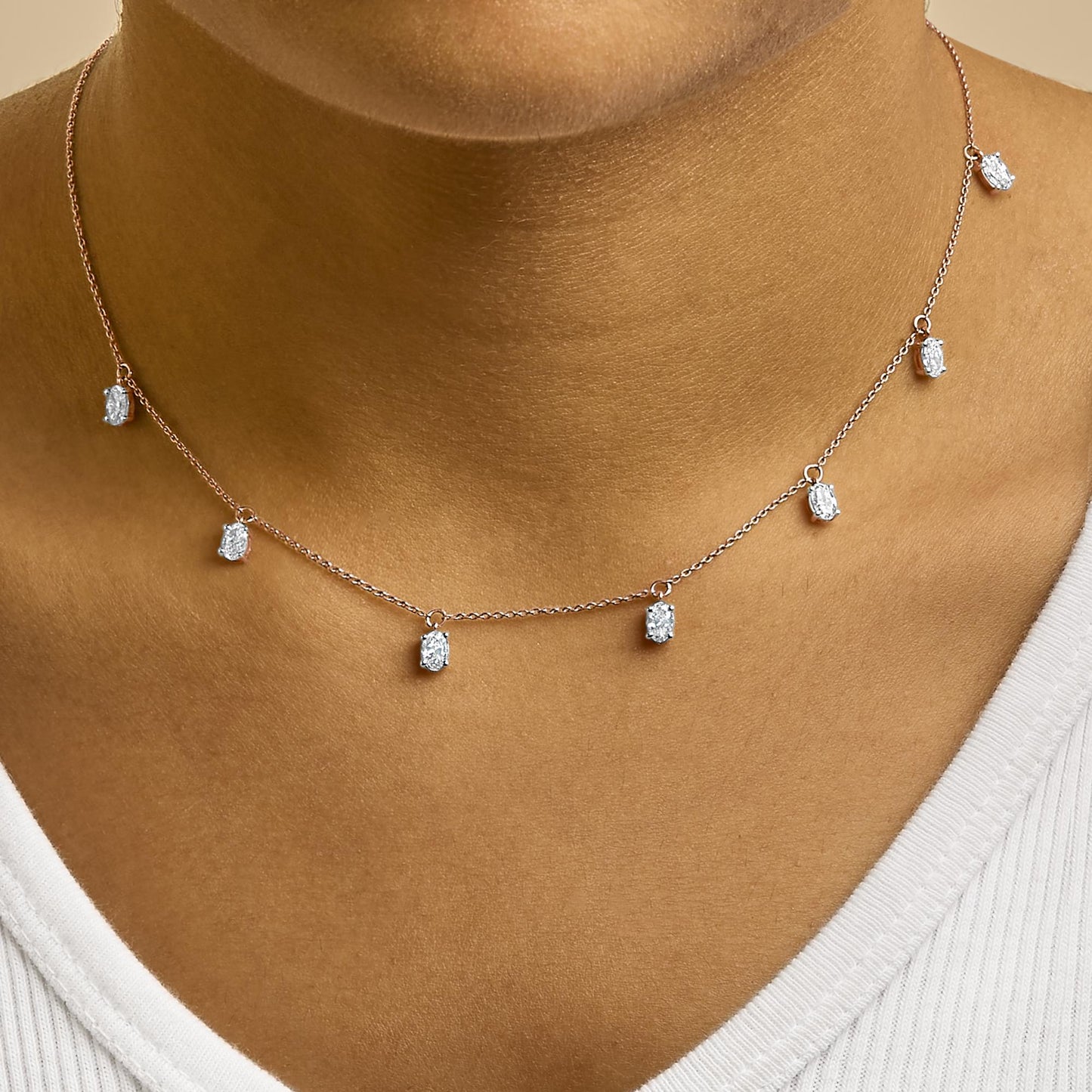 14K Rose Gold 1 3/8 Cttw Oval Lab Grown Diamond Dangle Station Necklace - 17" Inches-3