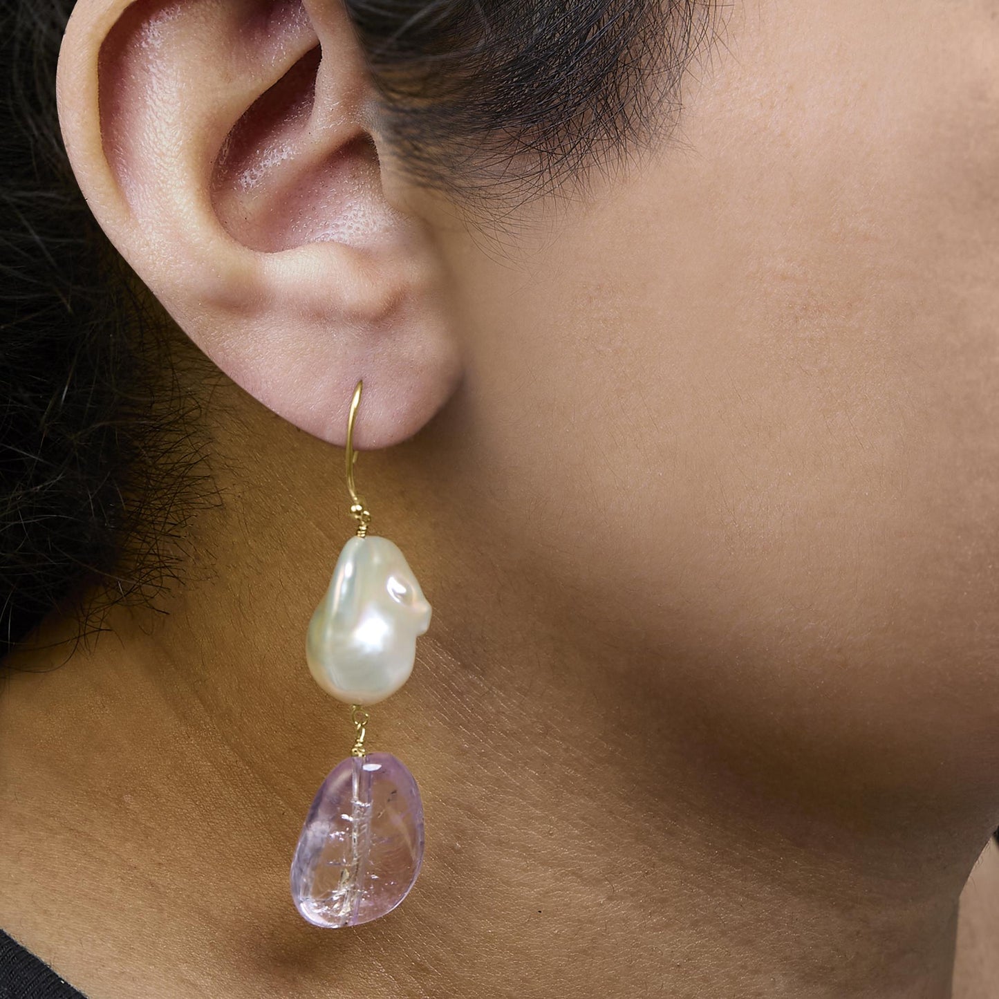 14K Yellow Gold Amethyst and Baroque Pearl Drop and Dangle Earrings 2" Inch Dangle Length-3
