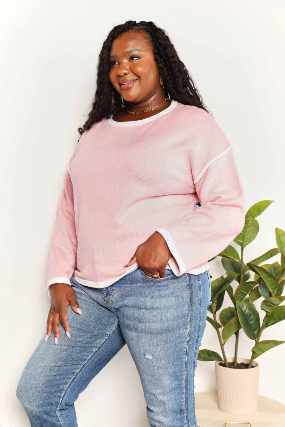Double Take Contrast Detail Dropped Shoulder Knit Top-2