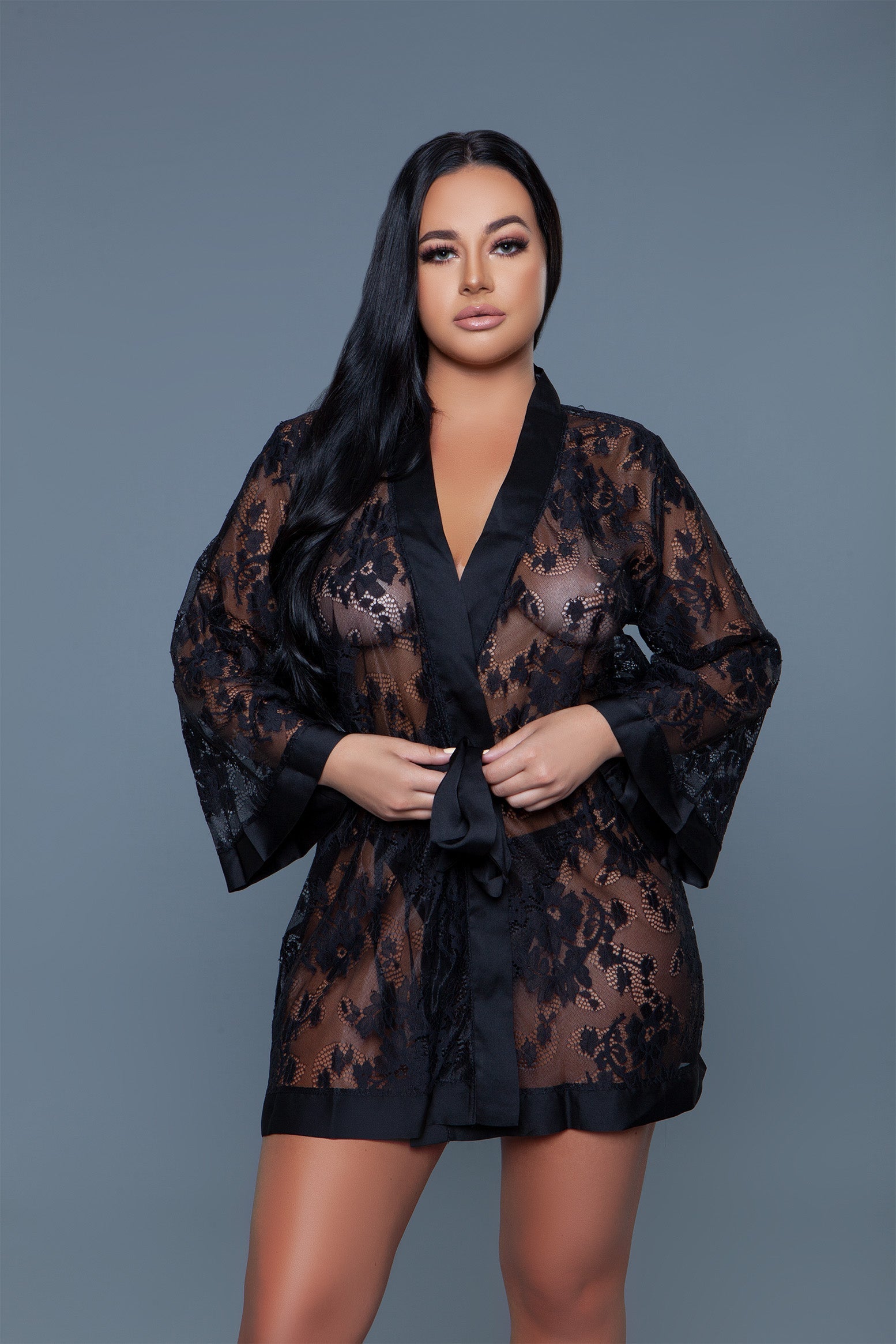 2275 Delia Robe Floral Lace Robe with Satin Trimming-5