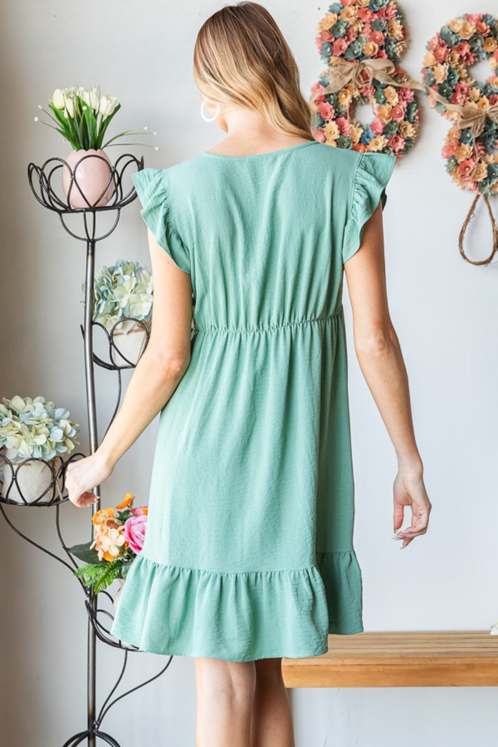 Heimish Full Size Short Sleeve V Neck Ruffled Hem Dress-1