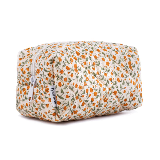 LYSANDE Floral Puffy Quilted Makeup Bag Toiletry Tote Cosmetics Pouch Quilted Tote Floral Floral Cosmetic Bag (Flowers Orange)