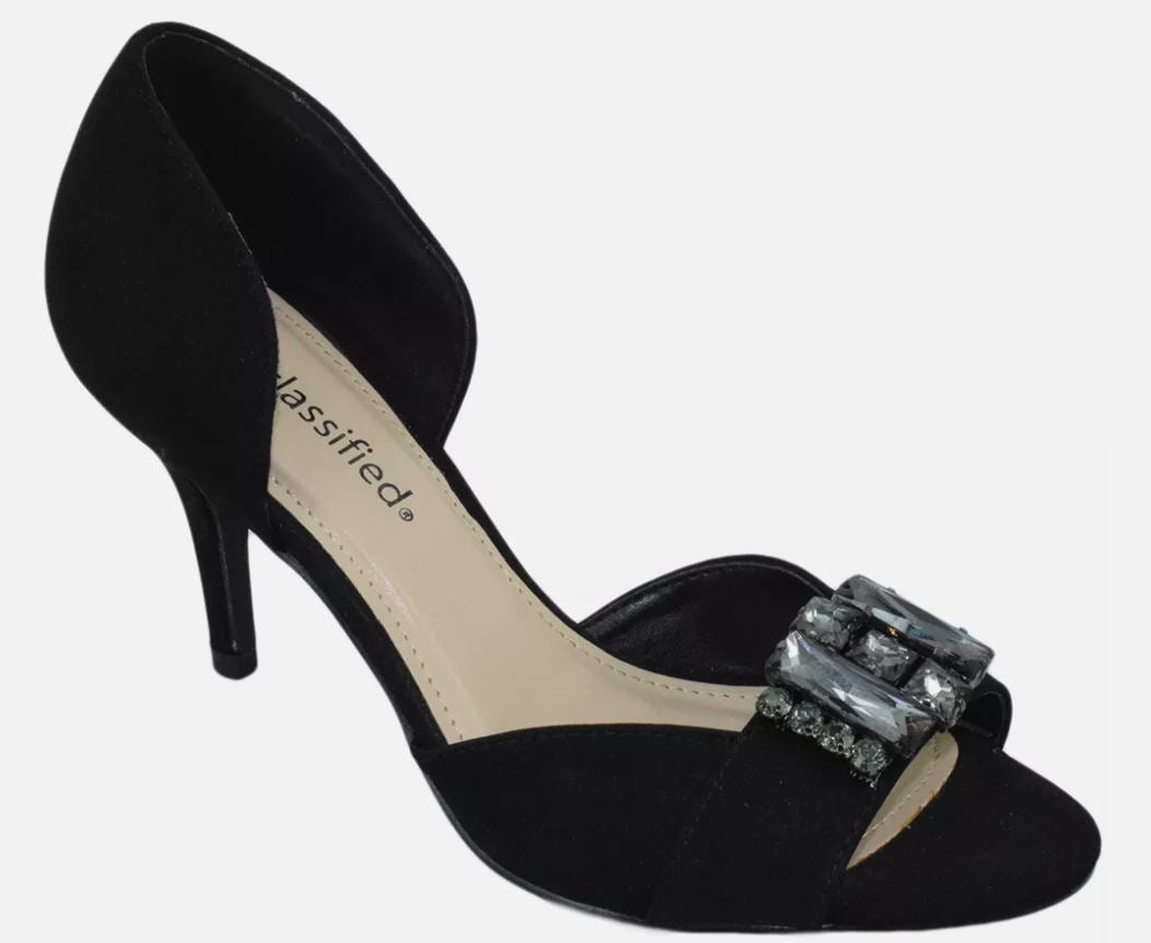 Classified Women Slip On Heels Open Toe Pumps Black Suede Rhinestone POLAR 10-0