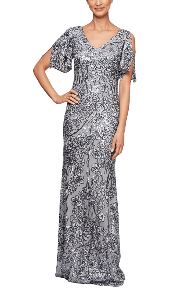 Alex Evenings V-Neck Cold Shoulder Short Flutter Sleeves V-Back Zipper Closure Shimmering Sequin Floor Length Silhouette Gown Dress-2