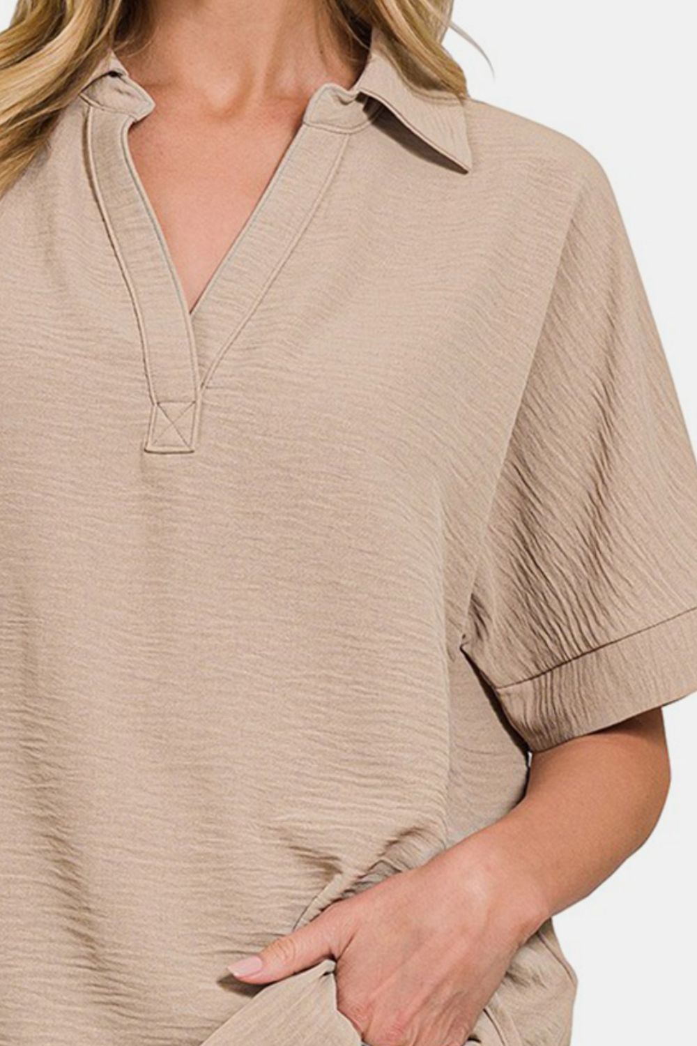 Zenana Texture Collared Neck Short Sleeve Top-2