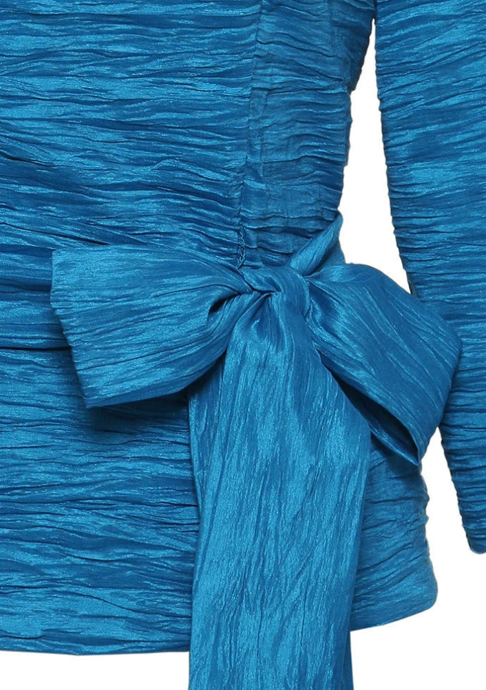 Alex Evenings Square Neckline Quarter Sleeves with Waist Ribbon Details Top Textured Aqua Dress-2