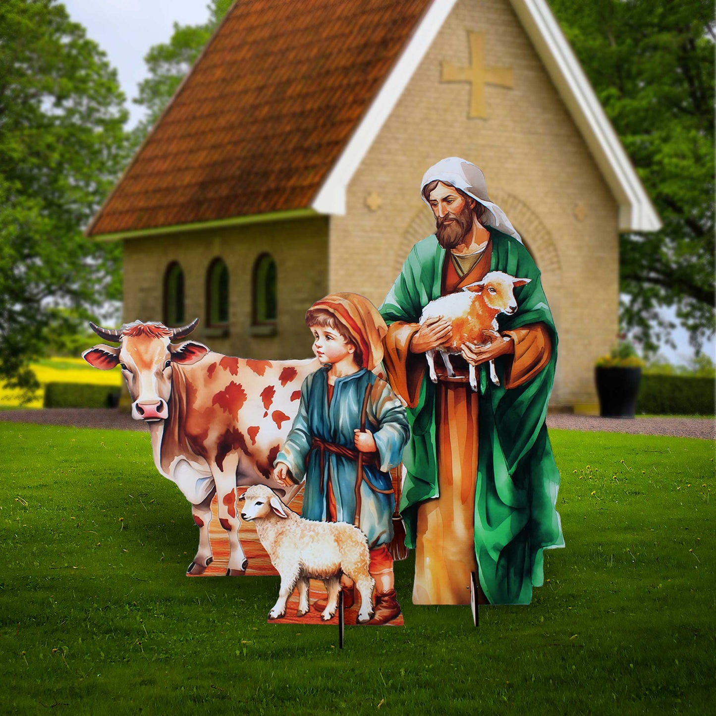 Life-Size Shepherds with Ox Outdoor - 3-Piece Set – Handcrafted Christmas Yard Display by G. DeBrekht - Nativity Holiday Decor - 8621038-3F-S3-XXLG-0