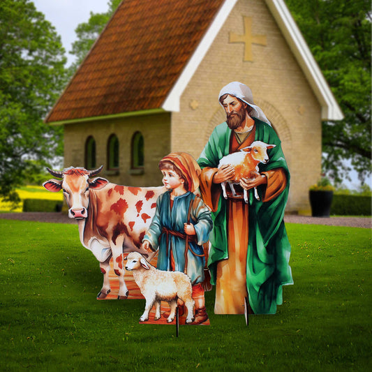 Life-Size Shepherds with Ox Outdoor - 3-Piece Set – Handcrafted Christmas Yard Display by G. DeBrekht - Nativity Holiday Decor - 8621038-3F-S3-XXLG-0