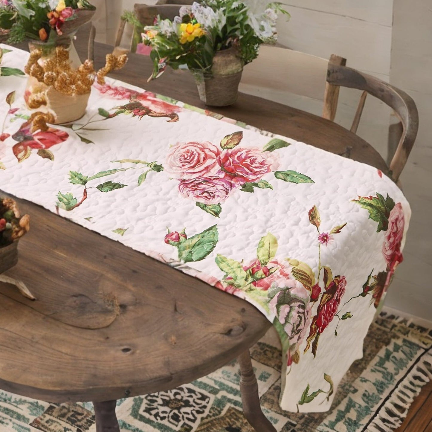 DaDa Bedding Romantic Roses Pink White Lovely Floral Quilted Dining Table Runner (879)-4