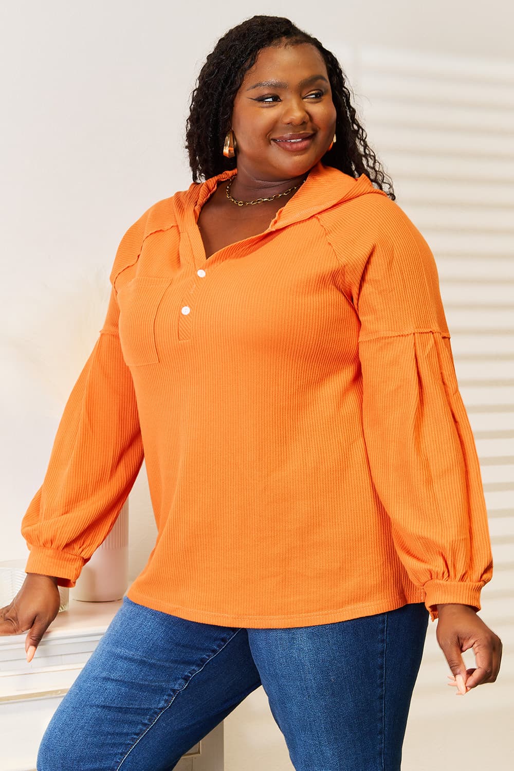 Double Take Side Slit Buttoned Waffle Knit Hoodie-3
