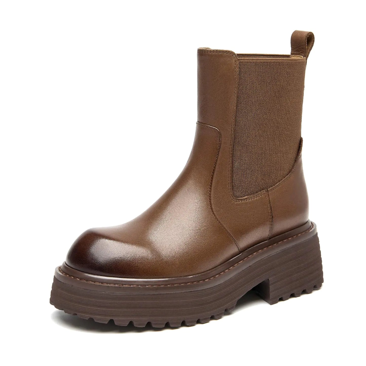 BEAU TODAY Platform Chelsea Boots for Women Chunky Genuine Leather Elastic Ankle Boots for Women Fashion Fall boots with Round Toe Comfortable Slip-on Winter Combat Boots Coffee US 6.5