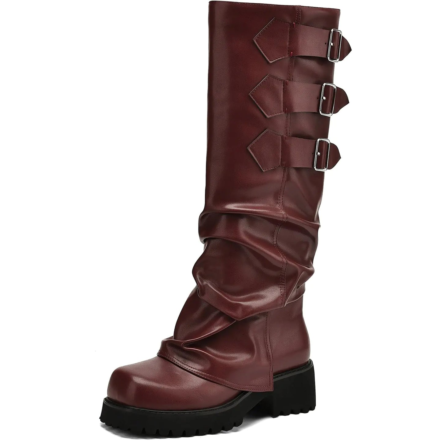 AIUNIIND Knee High Boots for Women Fold Over Boots Slouchy Square Toe Biker Boots Platform Riding Boots Gothic Moto Buckle Boots Burgundy 7
