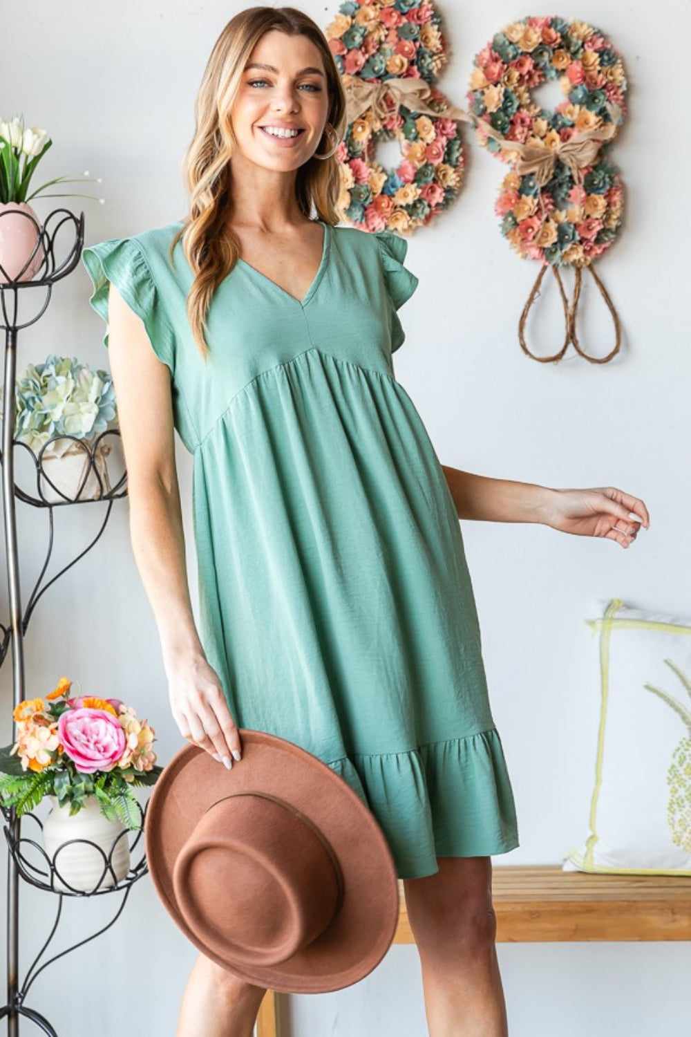 Heimish Full Size Short Sleeve V Neck Ruffled Hem Dress-2