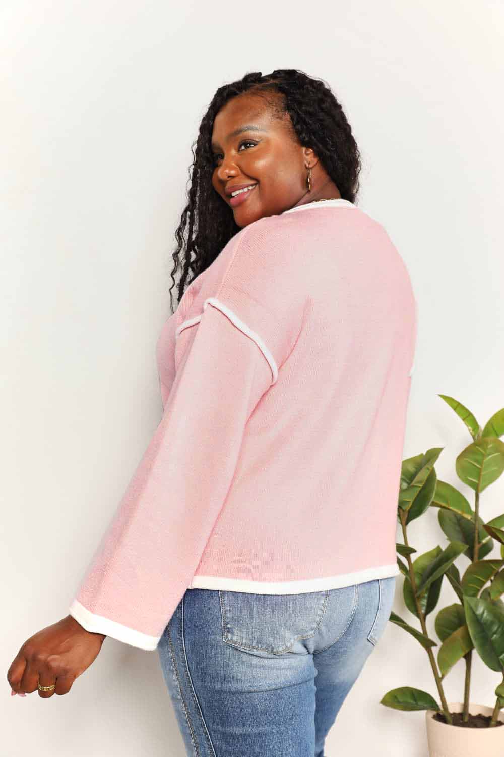Double Take Contrast Detail Dropped Shoulder Knit Top-1