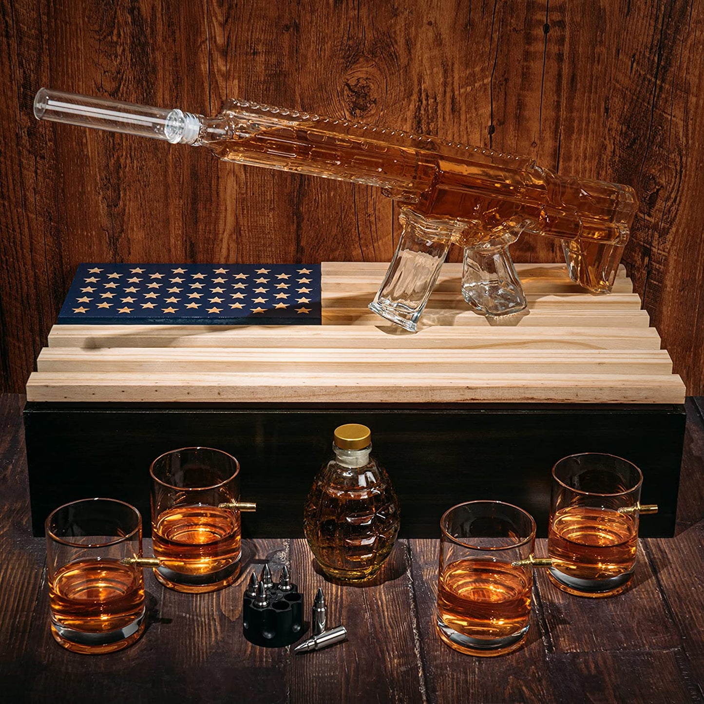 AR15 Whiskey Gun Decanter Flag Set - 1000ml Rifle & Pistol Set - Hanging Storage American Flag Gift Box & Bullet Glasses & Shot Glass, Great Gift for Army, Navy, Marines, Veterans & Gun Enthusiasts-4