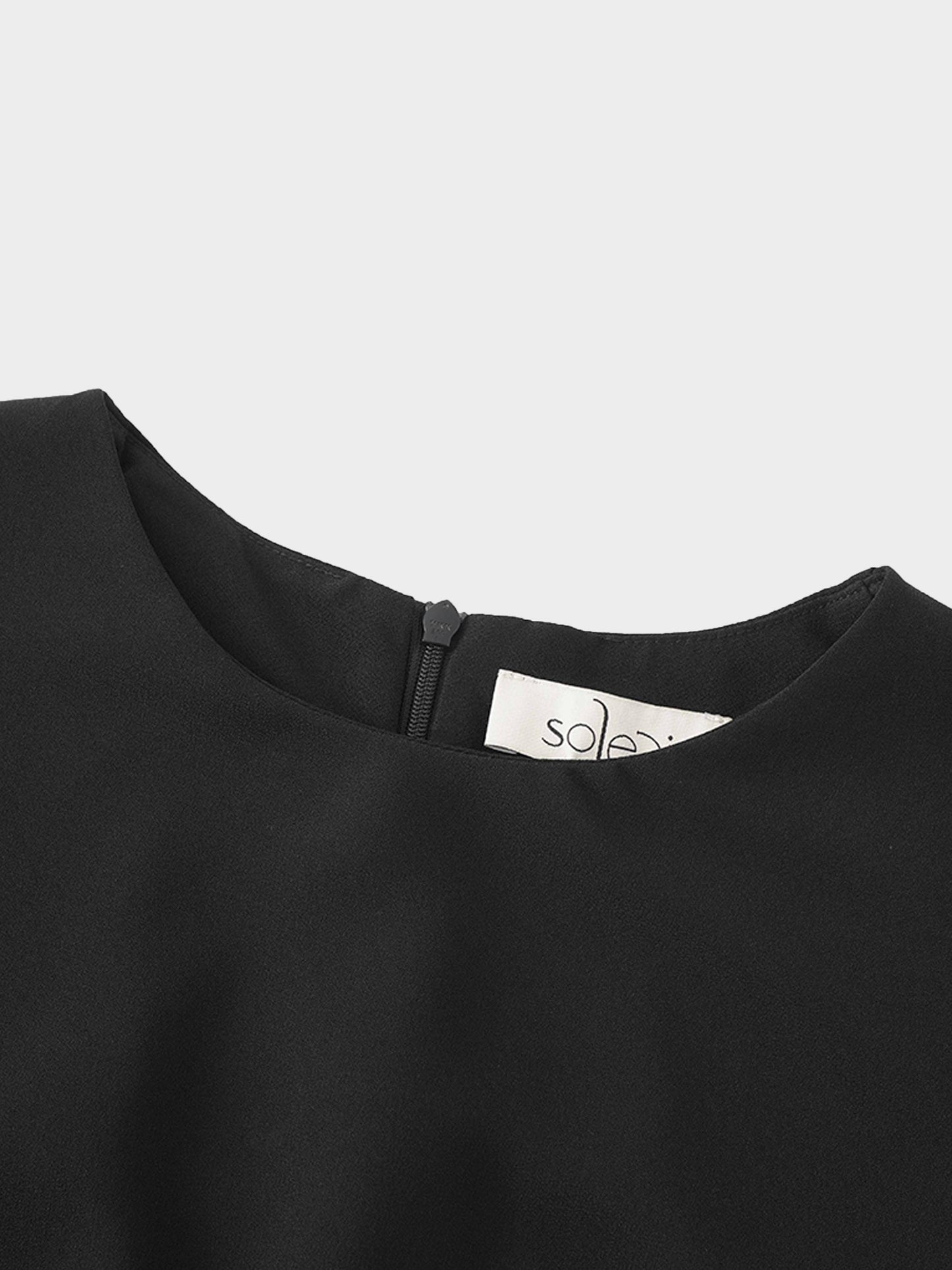 Faux Satin Crew Neck Slip Dress-Black-2